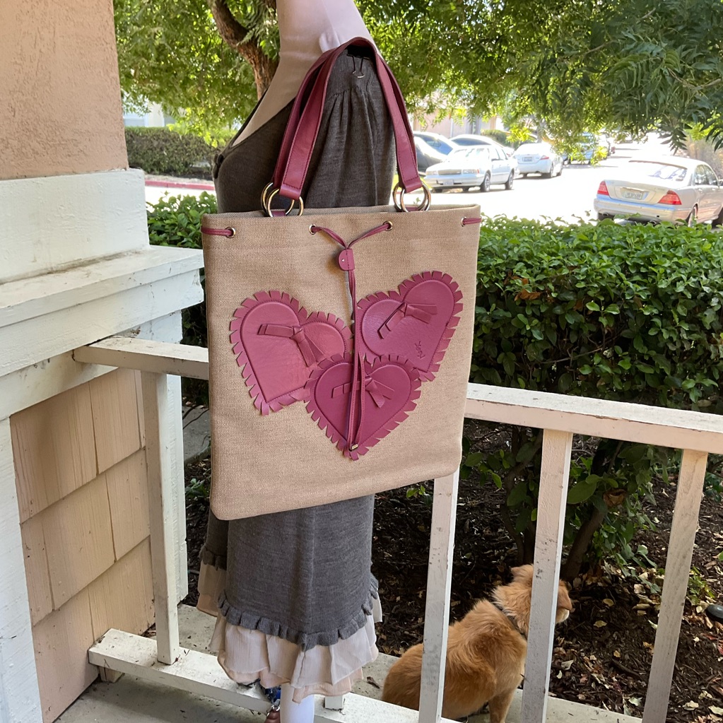 Yves Saint Laurent Leather Heart Embellished Canvas Tote Bag